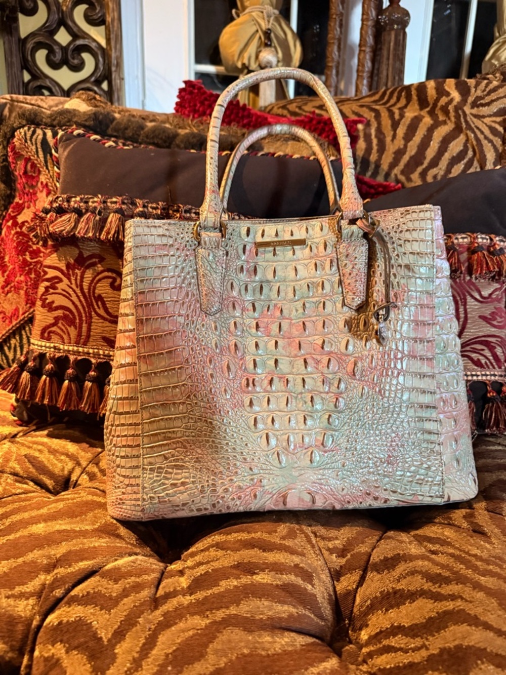 Brahmin Iridescent Croc-Embossed Satchel in Pink and Cream